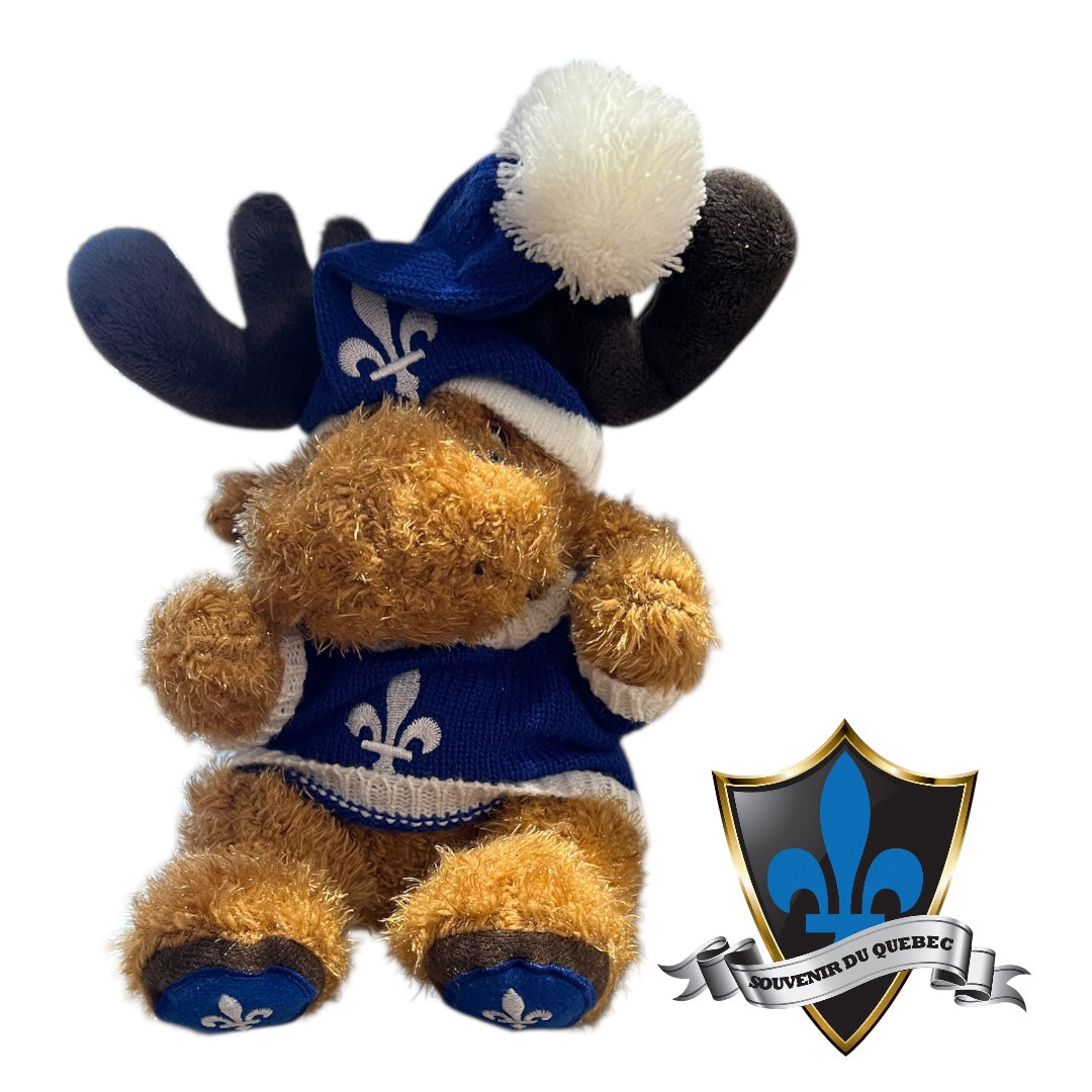 Quebec moose with blue jersey and Quebec fleur de l’yse.