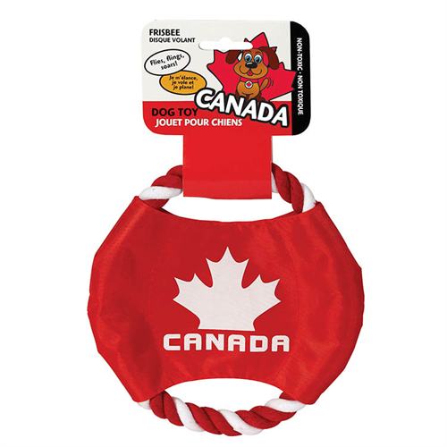 Dog Pet Toy - Dog Playing Nylon Frisbee w/ Rope.