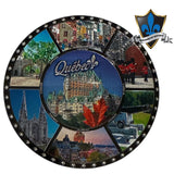 Quebec round magnet with Quebec scenes.
