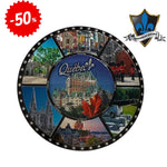 Quebec round magnet with Quebec scenes.