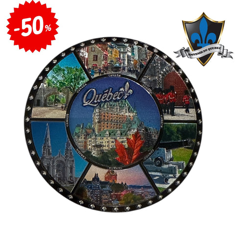 Quebec round magnet with Quebec scenes.