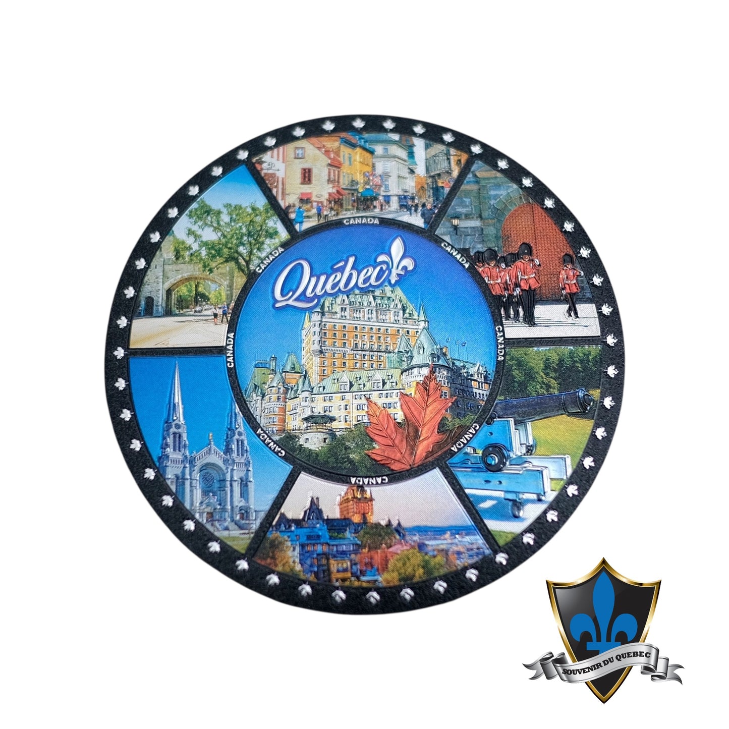 Quebec round magnet with Quebec scenes.