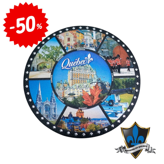 Quebec round magnet with Quebec scenes.