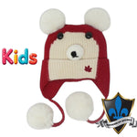 MAROON/CREAM BEAR WITH 4 POMPOMS KIDS BEANIE