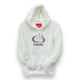 Canada SOUVENIR Women Faux Fur Hoodie with Canada Maple Leaf Embroidery Front.