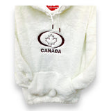 Canada SOUVENIR Women Faux Fur Hoodie with Canada Maple Leaf Embroidery Front.