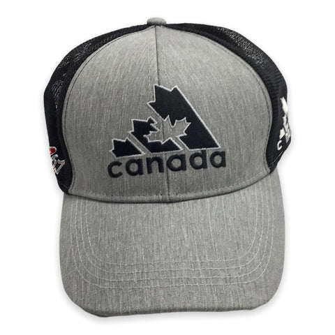An grey and black mesh  cap with  Canada embroidered along the front.