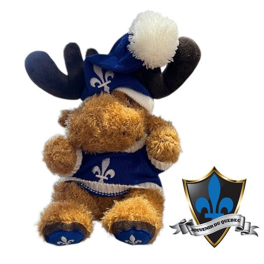 Quebec moose with blue jersey and Quebec fleur de l’yse.
