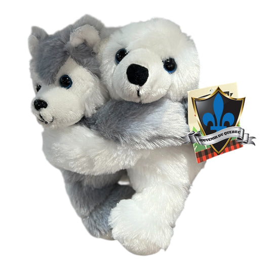 Bear and wolf hugging plush.