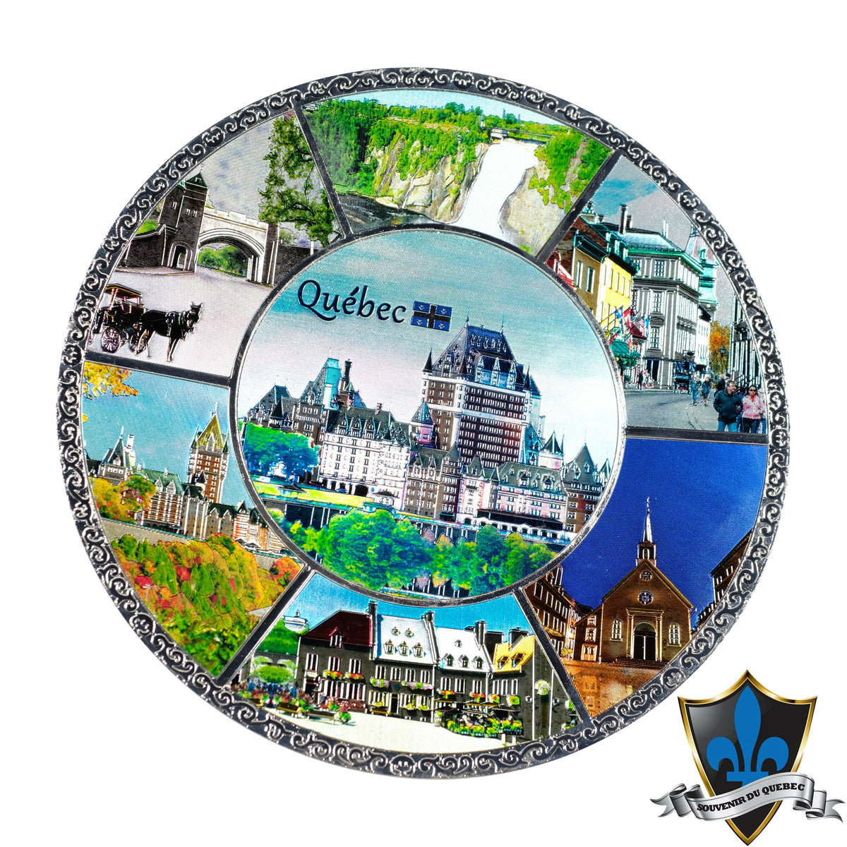 Large Round metal Quebec Plate Souvenir Du Quebec